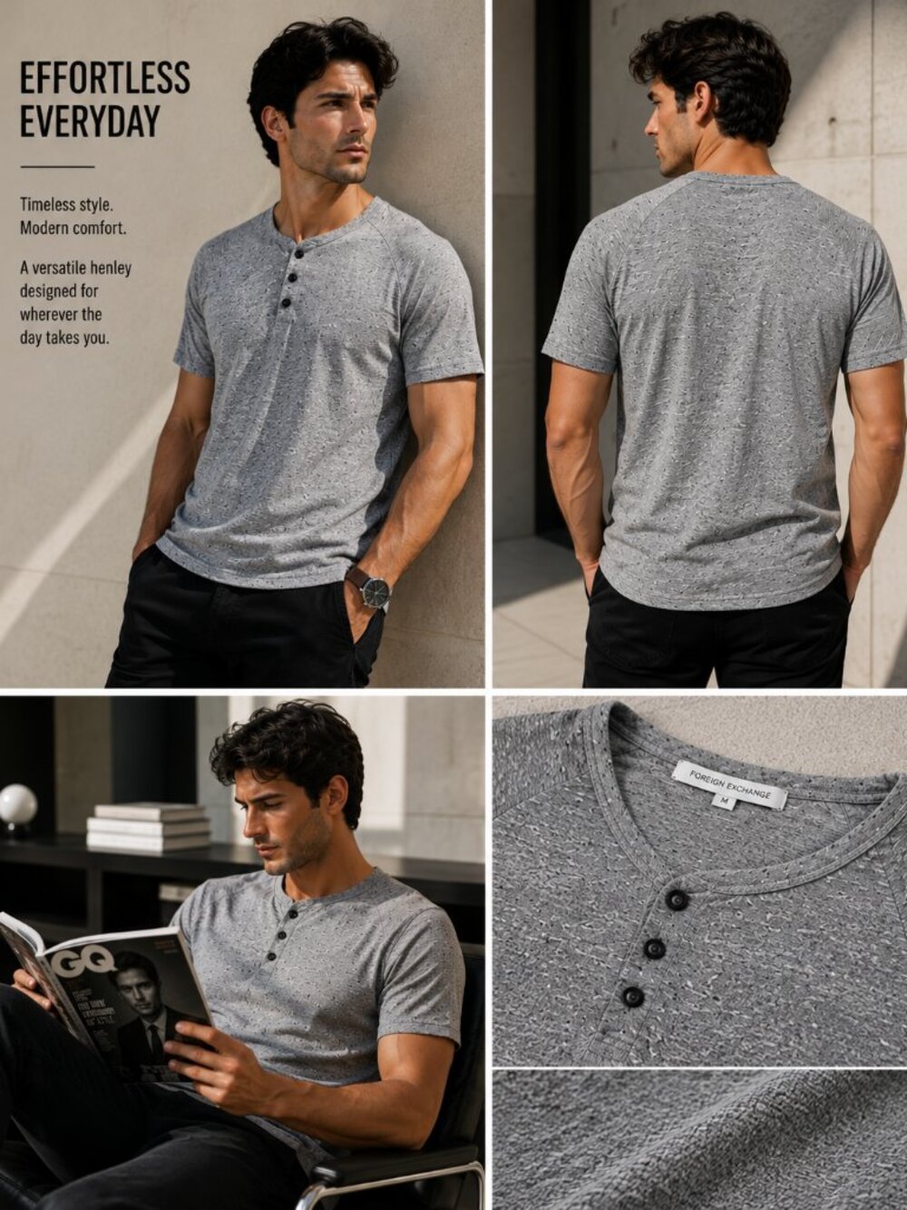 Monochrome Henley T-Shirt Men's Medium